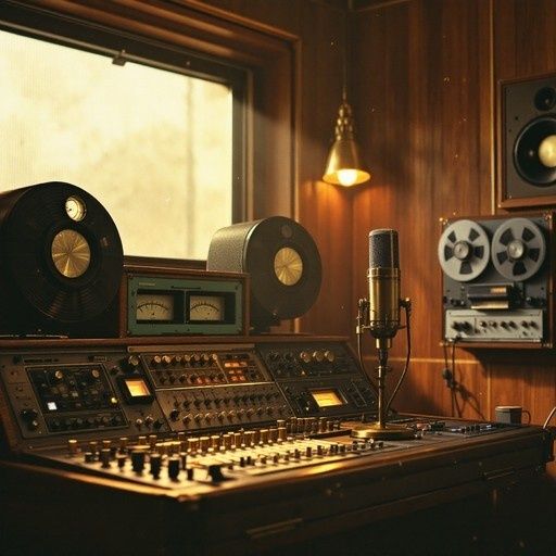 Vintage-Tonstudio mit Bandmaschinen, Mischpult und Studiomikrofon